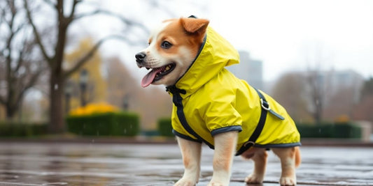 Gelukkige puppy in waterdichte regenjas in de regen.