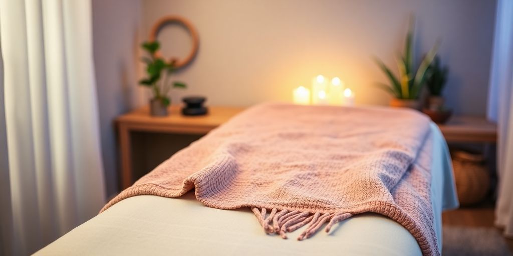 Een warmtedeken op een massagetafel in een rustige spa.