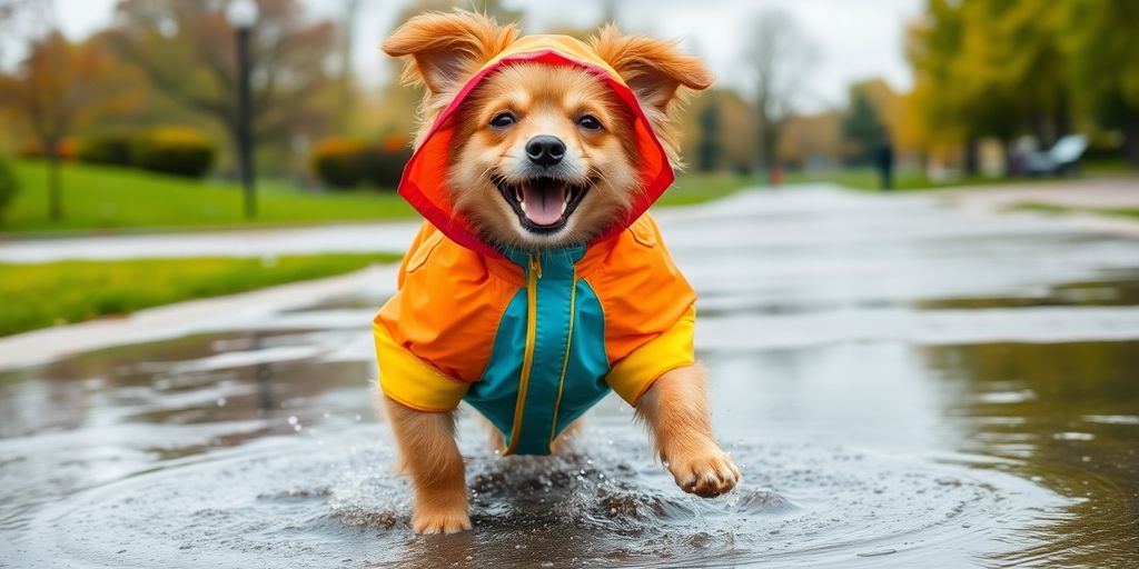 Dog in a colorful raincoat playing in the rain.