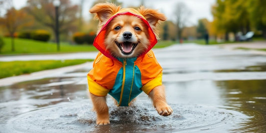Dog in a colorful raincoat playing in the rain.