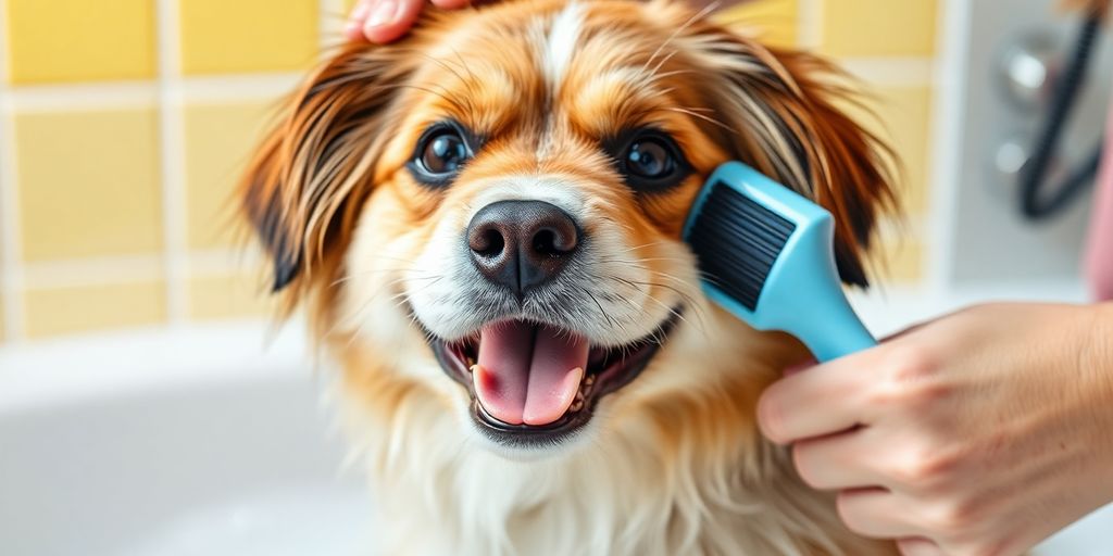 Gelukkige hond met badborstel in een vrolijke setting.