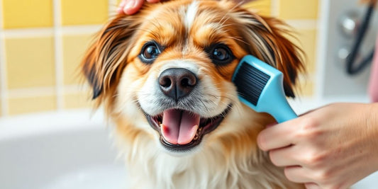 Gelukkige hond met badborstel in een vrolijke setting.
